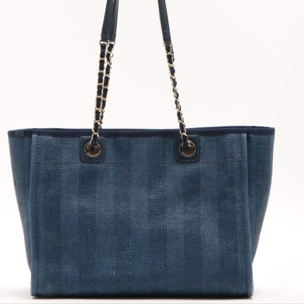 Chanel Mixed Fibers Striped Small Deauville Tote Navy Blue - Picture 2 of 9